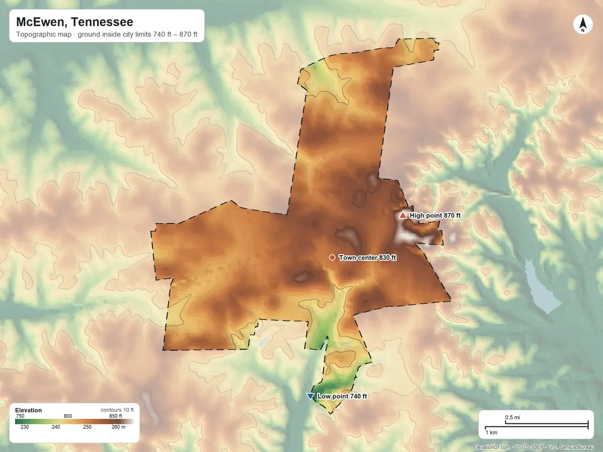 Topographic elevation map of McEwen, Tennessee, shaded from 740 ft on the south side to 870 ft on the northeast side