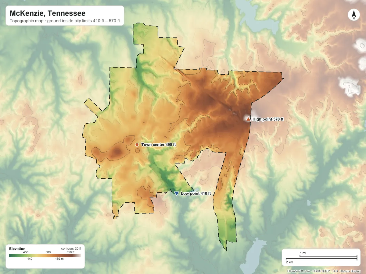 Topographic elevation map of McKenzie, Tennessee, shaded from 410 ft on the southeast side to 570 ft on the east side