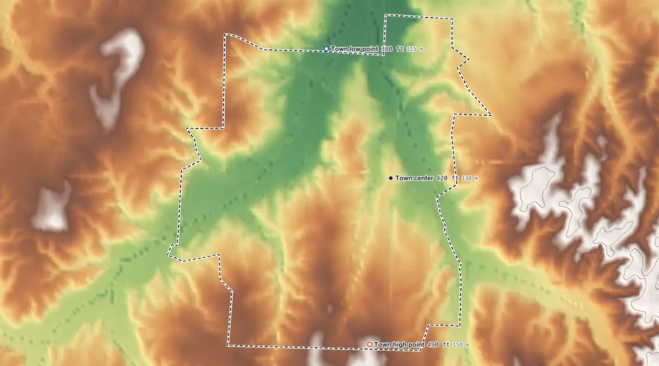 Topographic elevation map of McLemoresville, Tennessee, shaded from 380 ft on the northwest side to 490 ft on the south side