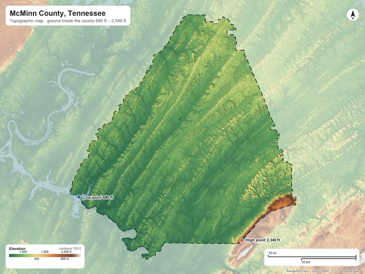 Topographic elevation map of McMinn County, Tennessee, shaded from 680 ft on the southwest side to 2,340 ft on Starr Mountain