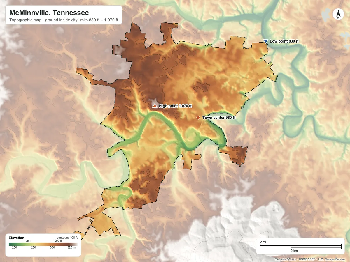 Topographic elevation map of McMinnville, Tennessee, shaded from 830 ft on the northeast side to 1,070 ft on the west side