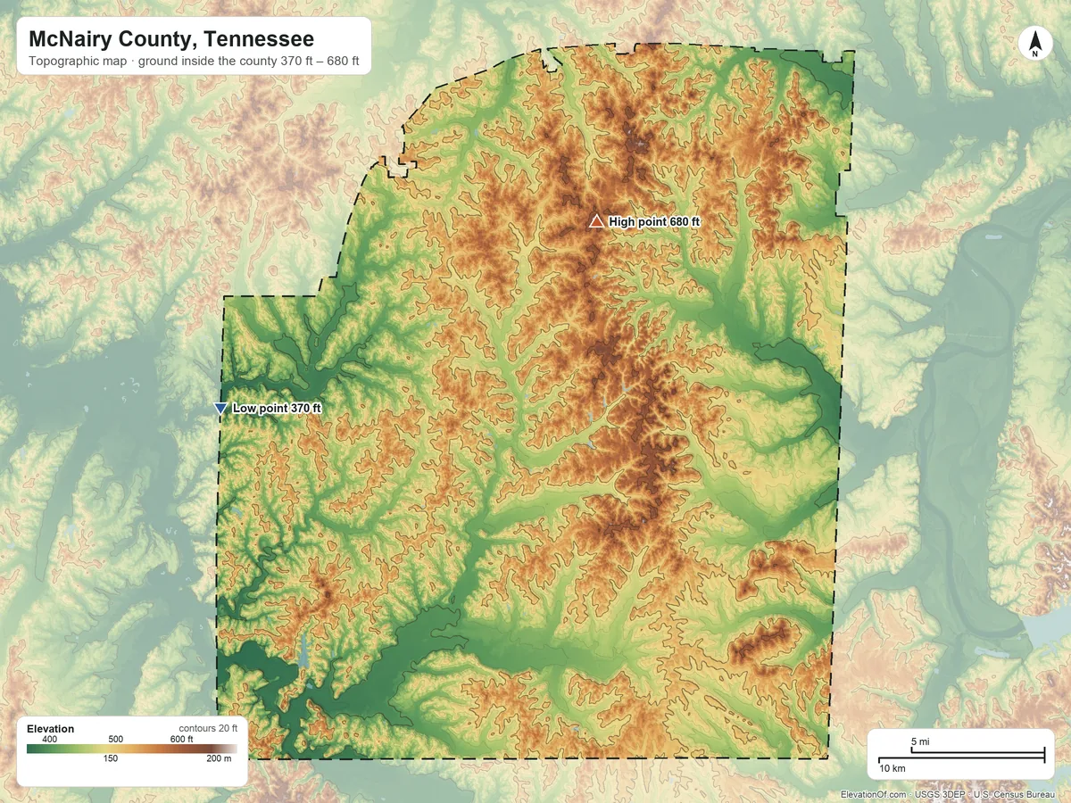 Topographic elevation map of McNairy County, Tennessee, shaded from 370 ft on the west side to 680 ft on Mount Peter