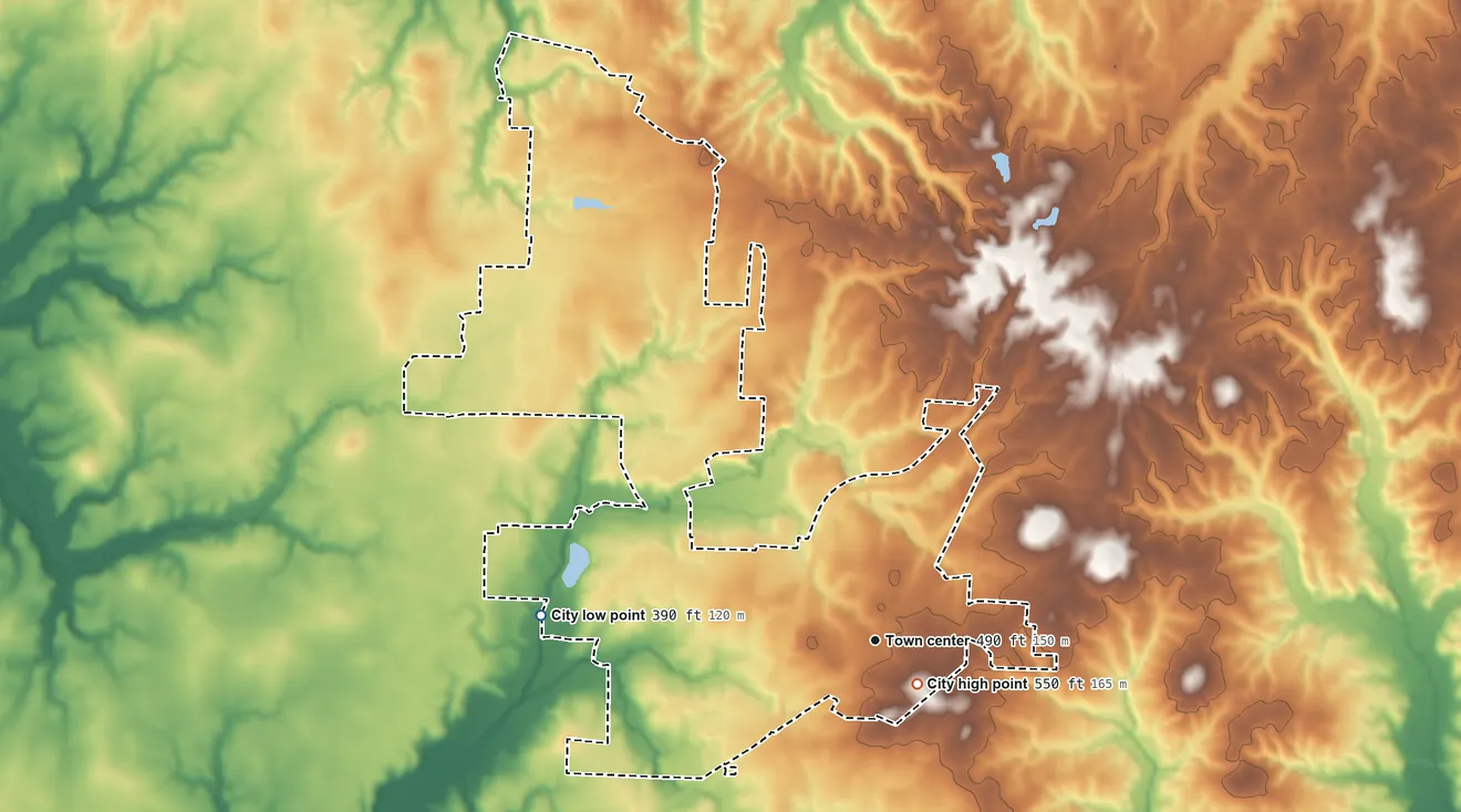 Topographic elevation map of Medina, Tennessee, shaded from 390 ft on the west side to 550 ft near the middle