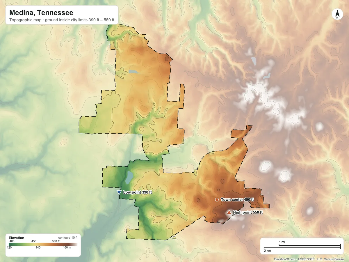 Topographic elevation map of Medina, Tennessee, shaded from 390 ft on the west side to 550 ft near the middle