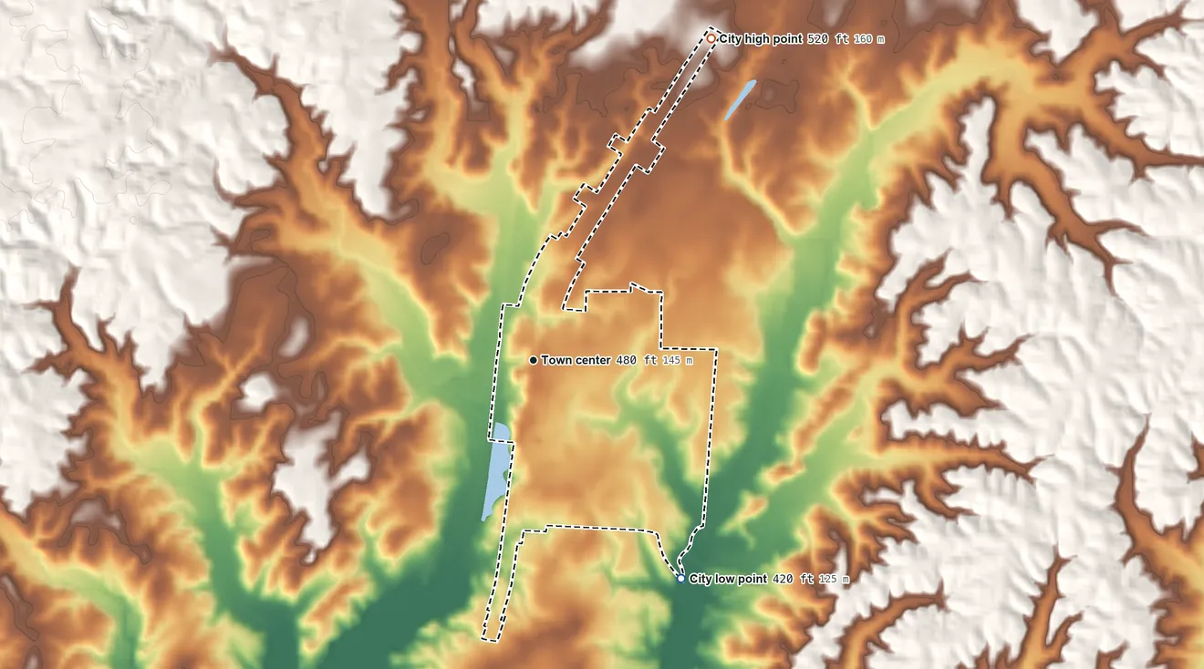Topographic elevation map of Medon, Tennessee, shaded from 420 ft on the southeast side to 520 ft on the northeast side