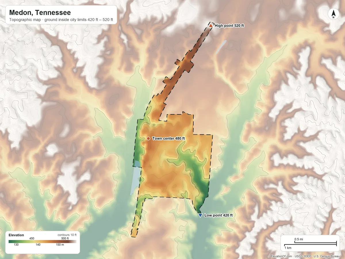 Topographic elevation map of Medon, Tennessee, shaded from 420 ft on the southeast side to 520 ft on the northeast side
