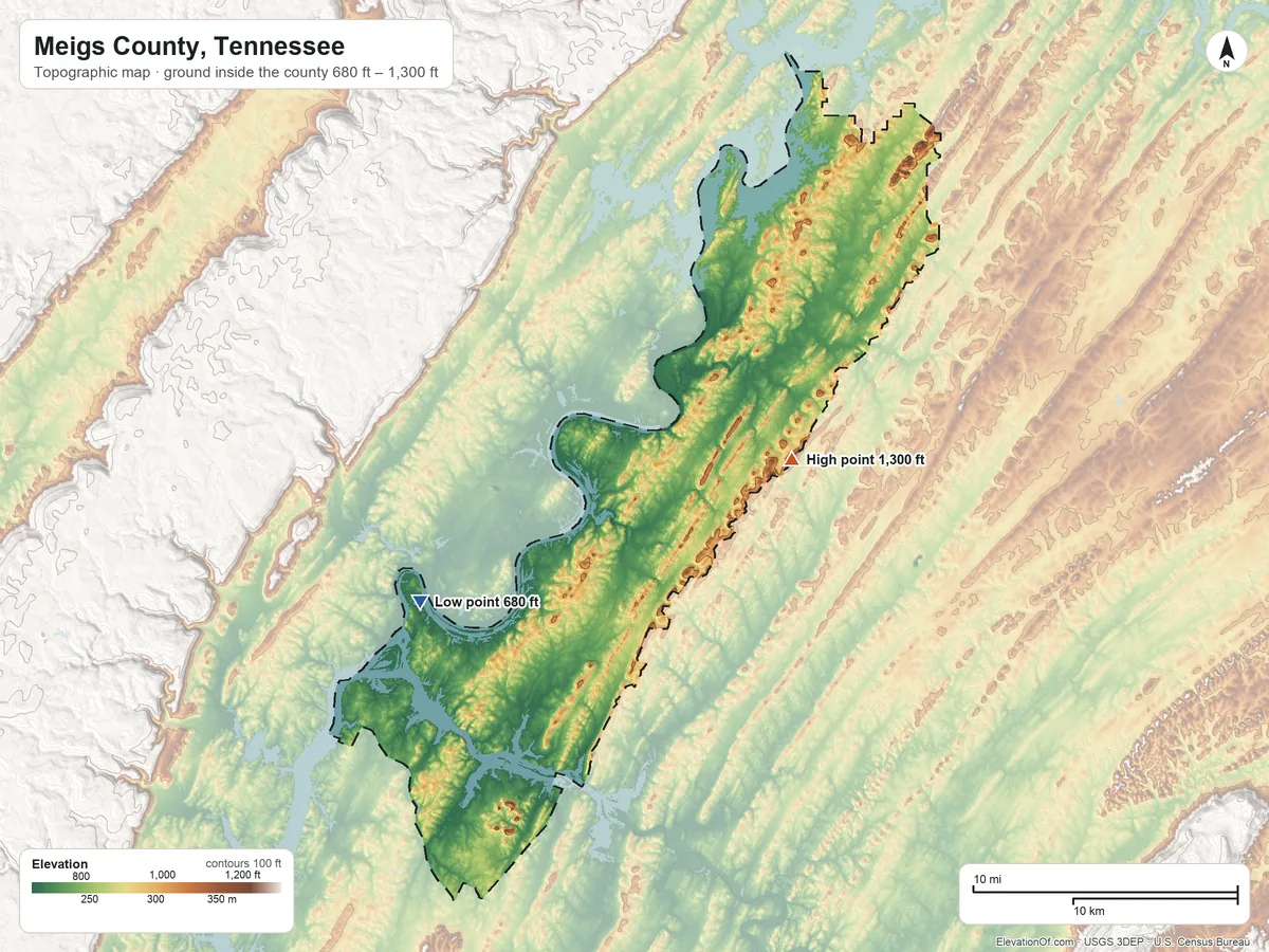 Topographic elevation map of Meigs County, Tennessee, shaded from 680 ft on the southwest side to 1,300 ft on the east side
