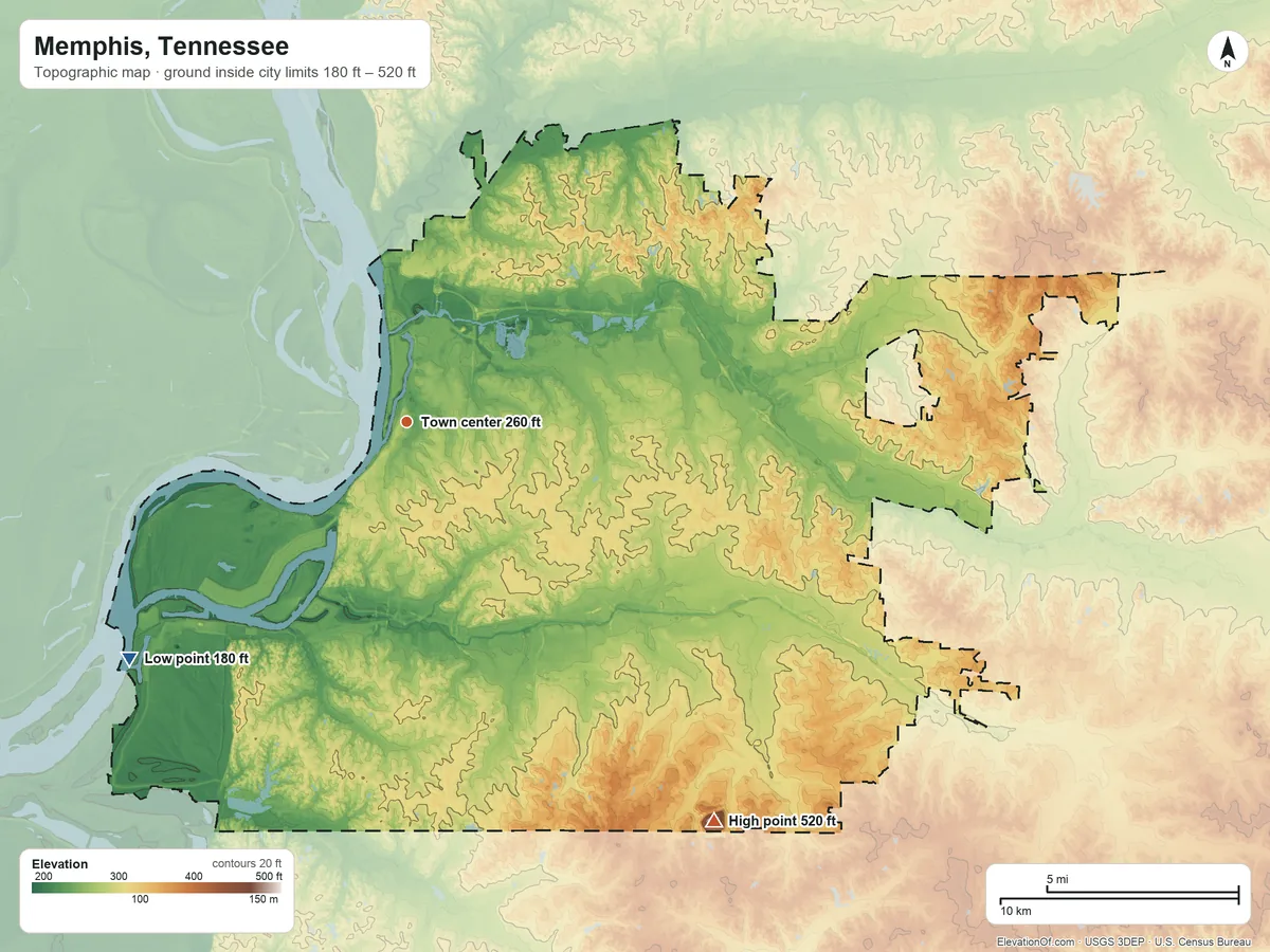 Topographic elevation map of Memphis, Tennessee, shaded from 180 ft on the southwest side to 520 ft on the southeast side