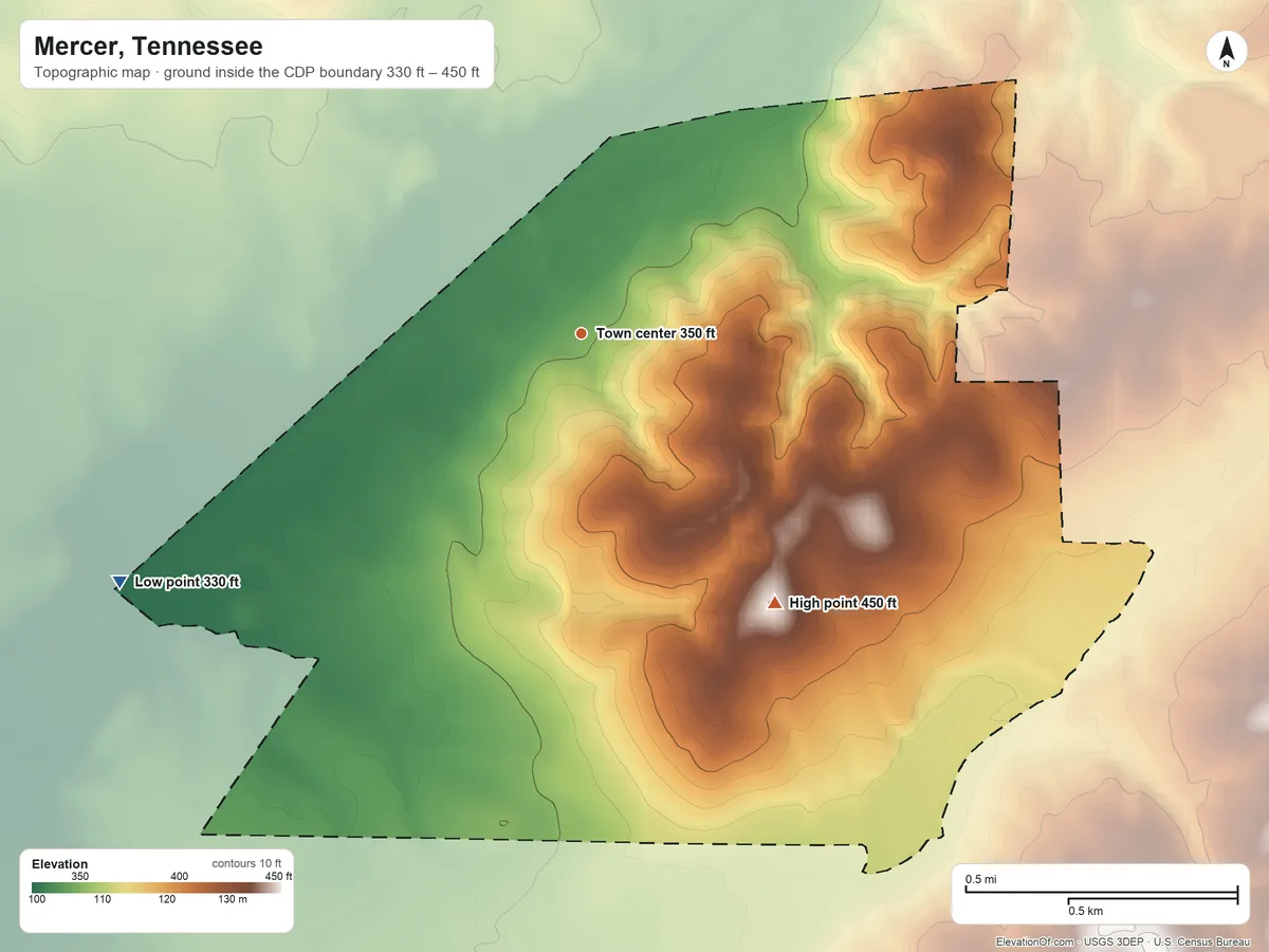 Topographic elevation map of Mercer, Tennessee, shaded from 330 ft on the southwest side to 450 ft on the southeast side