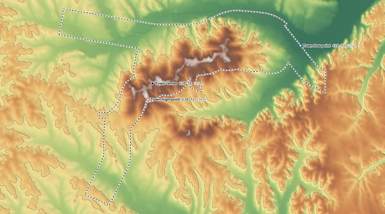 Topographic elevation map of Michie, Tennessee, shaded from 410 ft on the east side to 630 ft near the middle