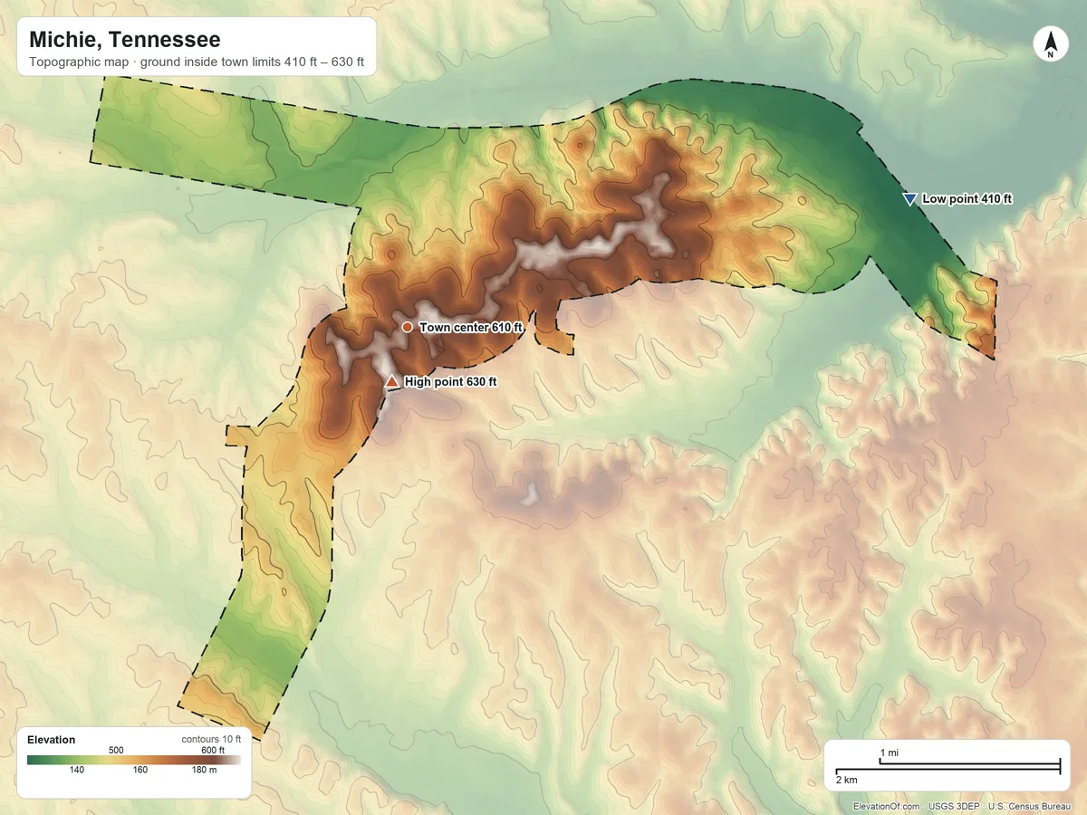 Topographic elevation map of Michie, Tennessee, shaded from 410 ft on the east side to 630 ft near the middle