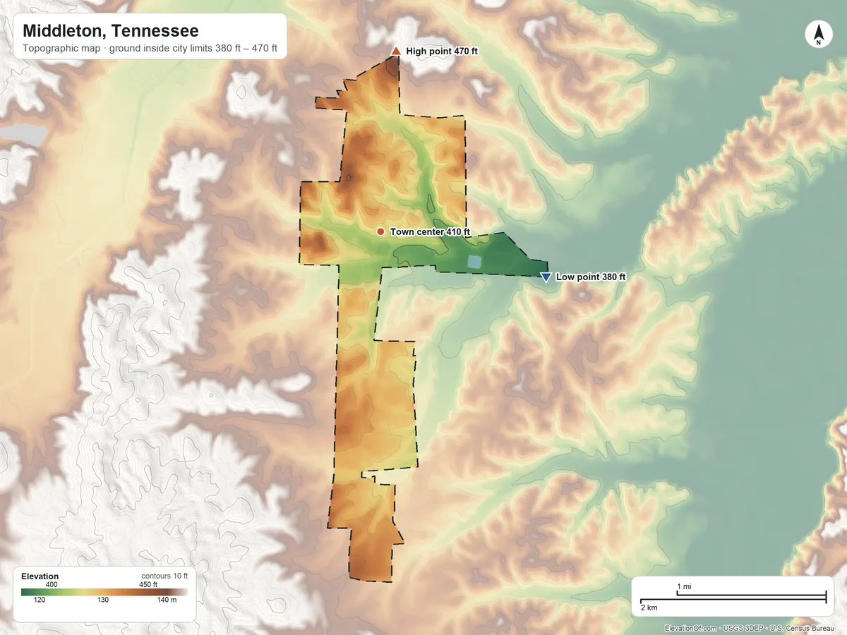 Topographic elevation map of Middleton, Tennessee, shaded from 380 ft on the east side to 470 ft on the north side