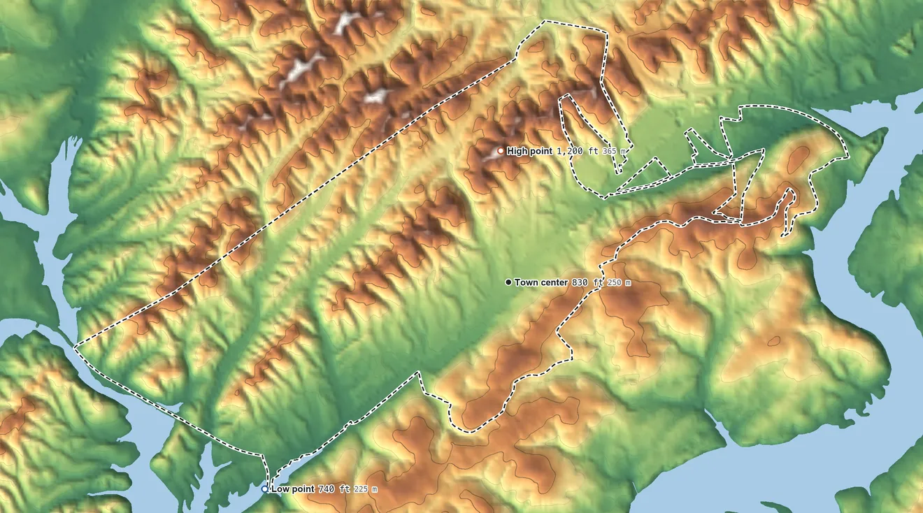 Topographic elevation map of Midtown, Tennessee, shaded from 740 ft on the southwest side to 1,200 ft on the north side