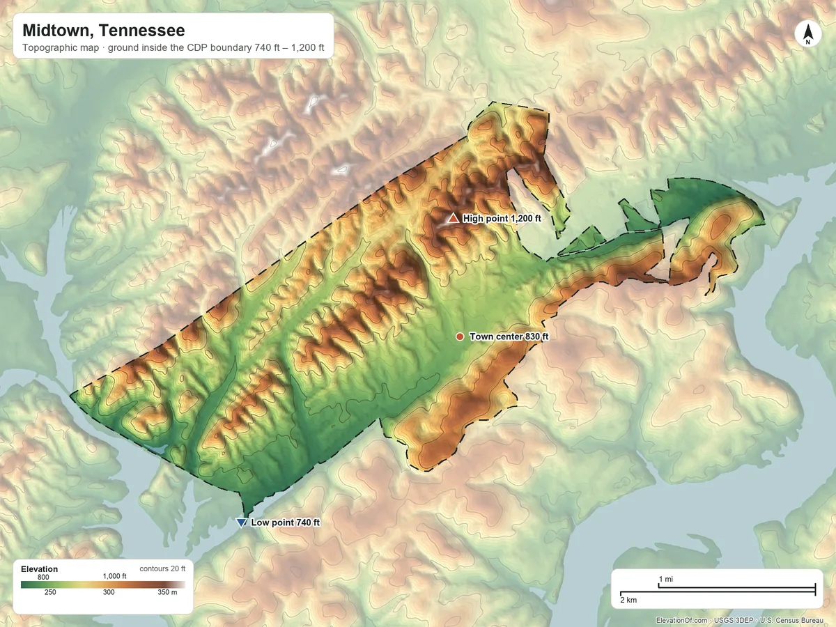 Topographic elevation map of Midtown, Tennessee, shaded from 740 ft on the southwest side to 1,200 ft on the north side