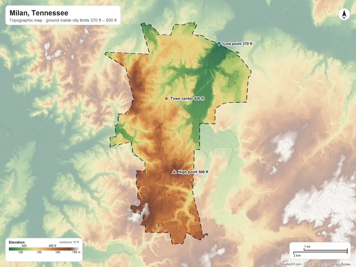 Topographic elevation map of Milan, Tennessee, shaded from 370 ft on the northeast side to 500 ft on the south side