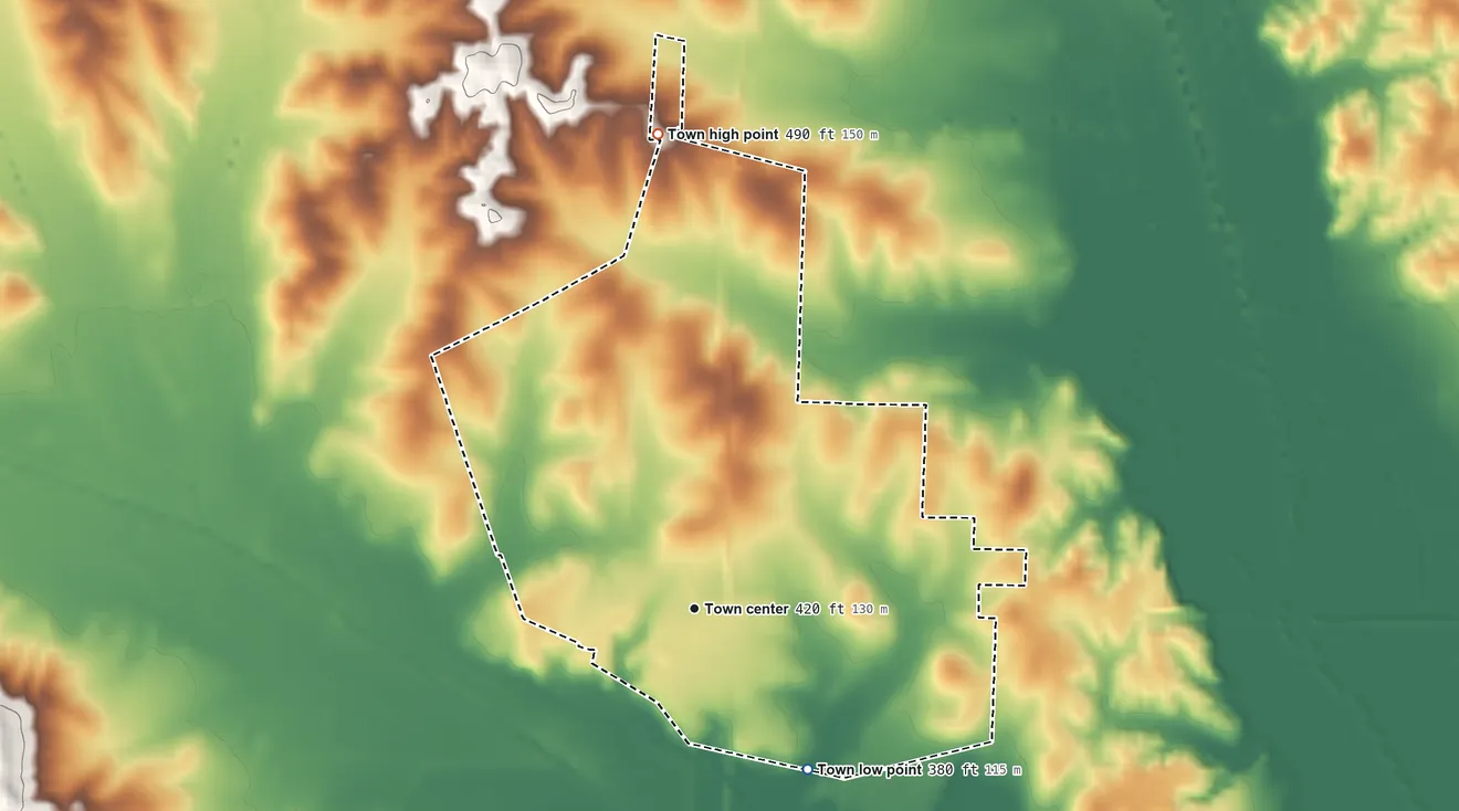 Topographic elevation map of Milledgeville, Tennessee, shaded from 380 ft on the southeast side to 490 ft on the north side