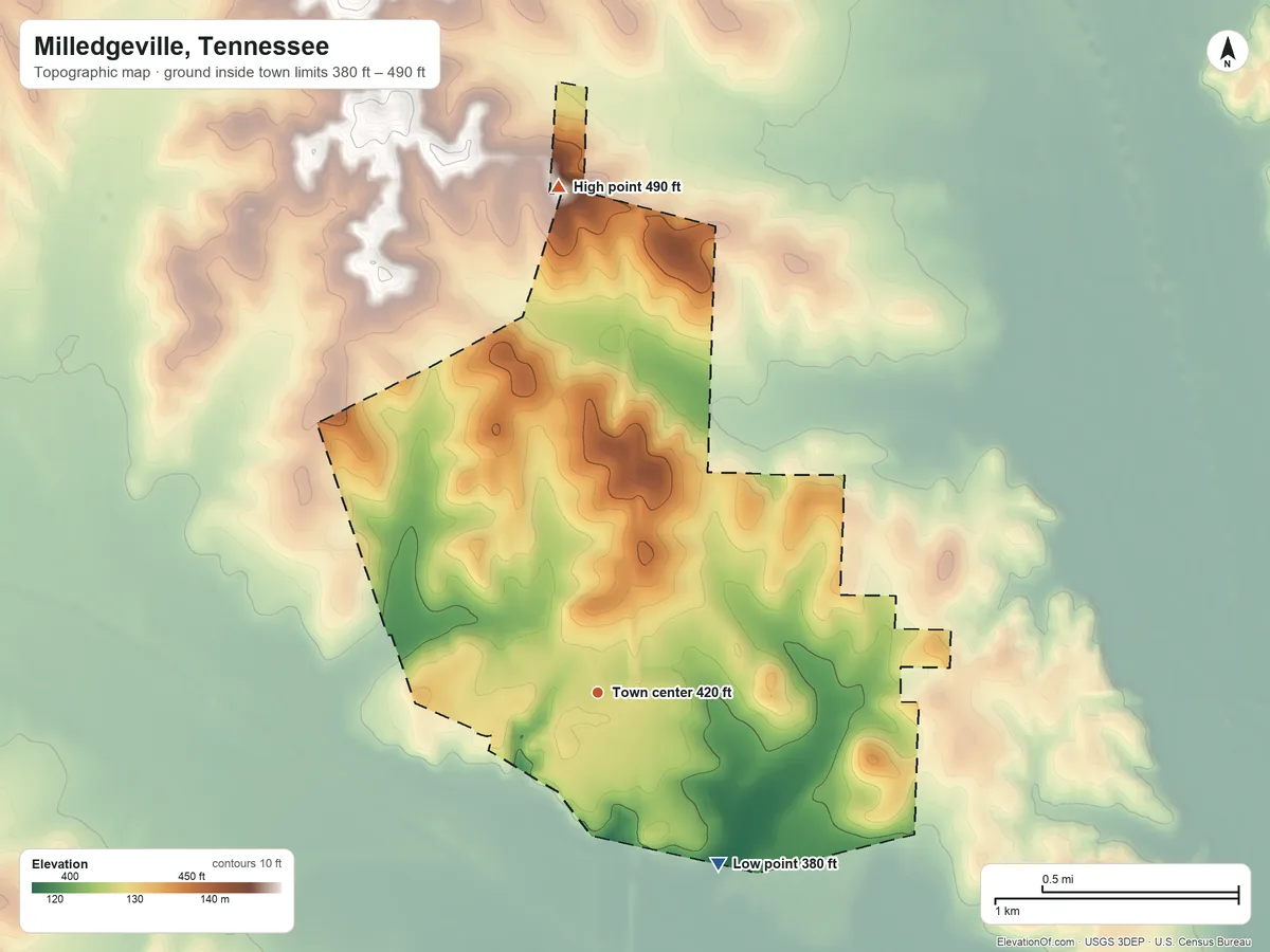 Topographic elevation map of Milledgeville, Tennessee, shaded from 380 ft on the southeast side to 490 ft on the north side