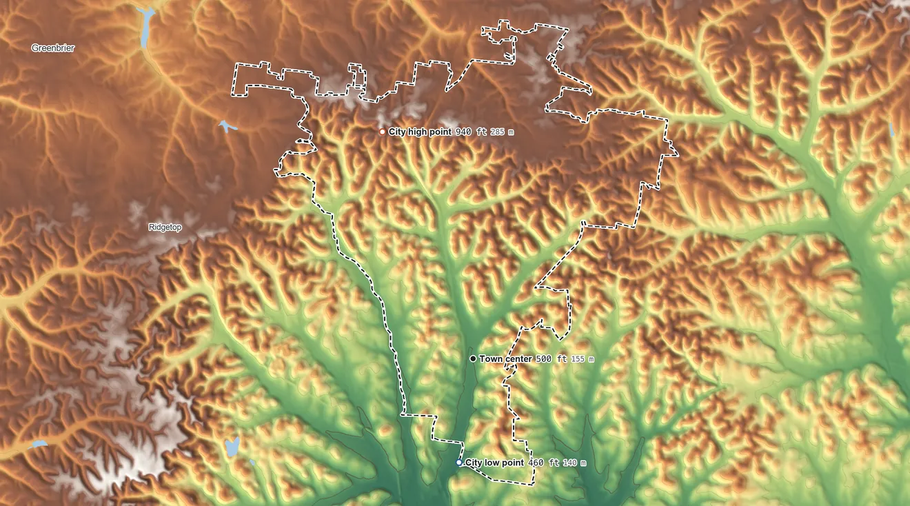 Topographic elevation map of Millersville, Tennessee, shaded from 460 ft on the south side to 940 ft on the north side