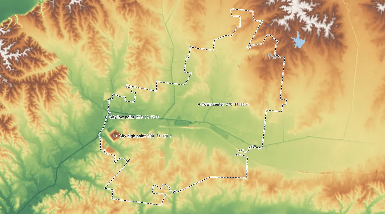 Topographic elevation map of Millington, Tennessee, shaded from 220 ft on the west side to 390 ft on the west side
