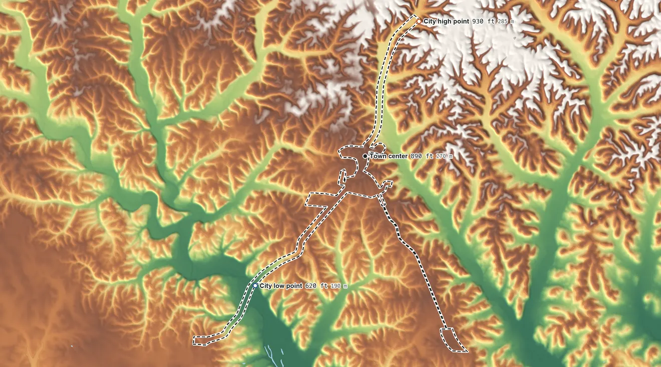 Topographic elevation map of Minor Hill, Tennessee, shaded from 620 ft on the southwest side to 930 ft on the north side