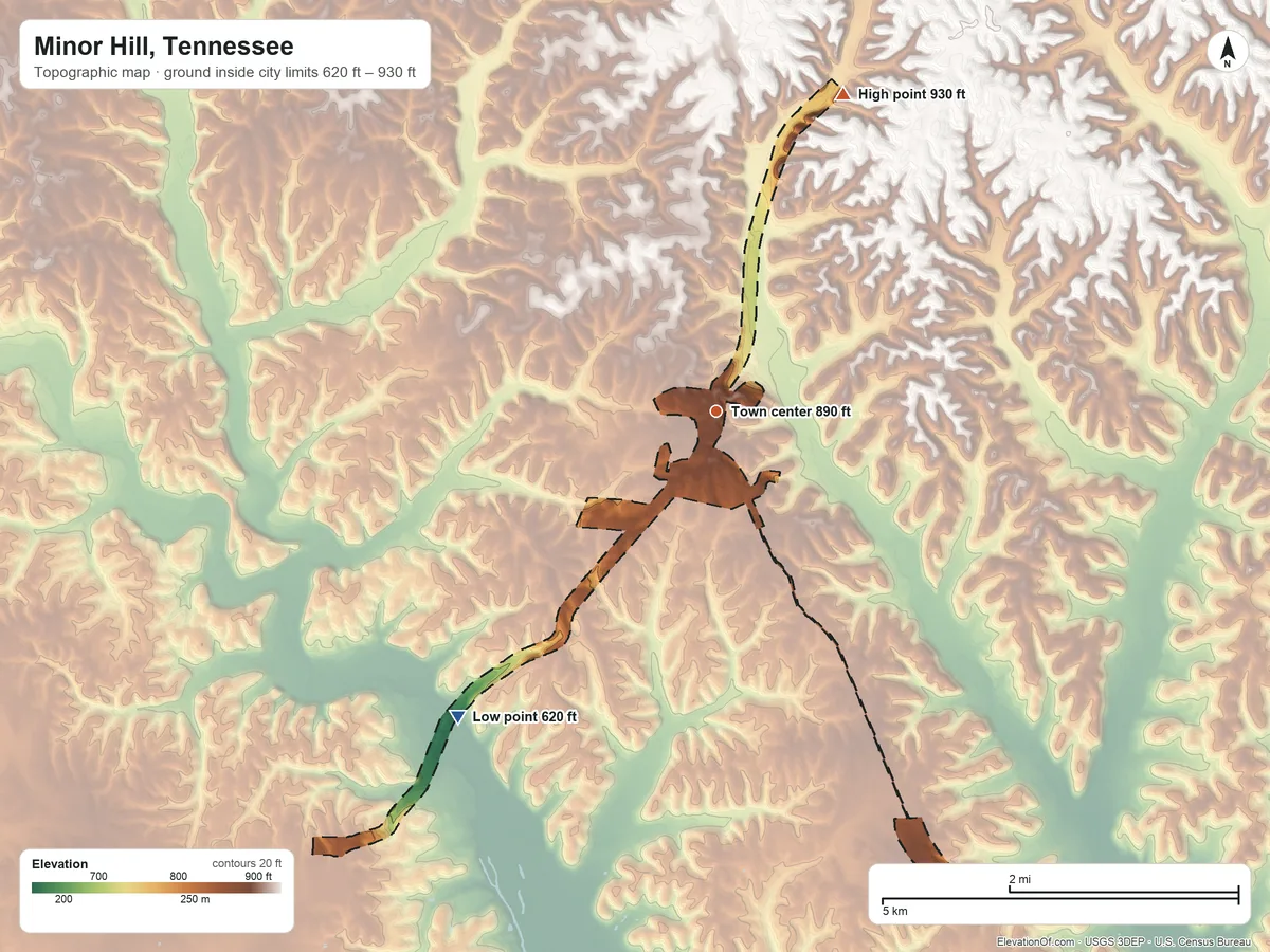 Topographic elevation map of Minor Hill, Tennessee, shaded from 620 ft on the southwest side to 930 ft on the north side
