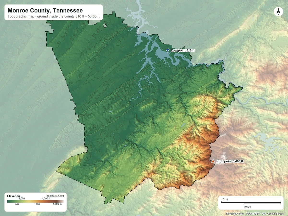 Topographic elevation map of Monroe County, Tennessee, shaded from 810 ft on the north side to 5,460 ft on the southeast side