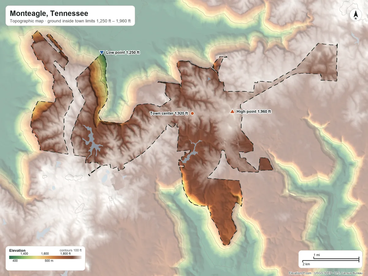 Topographic elevation map of Monteagle, Tennessee, shaded from 1,250 ft on the northwest side to 1,960 ft on the east side
