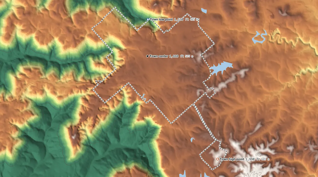 Topographic elevation map of Monterey, Tennessee, shaded from 1,530 ft on the north side to 1,990 ft on the southeast side