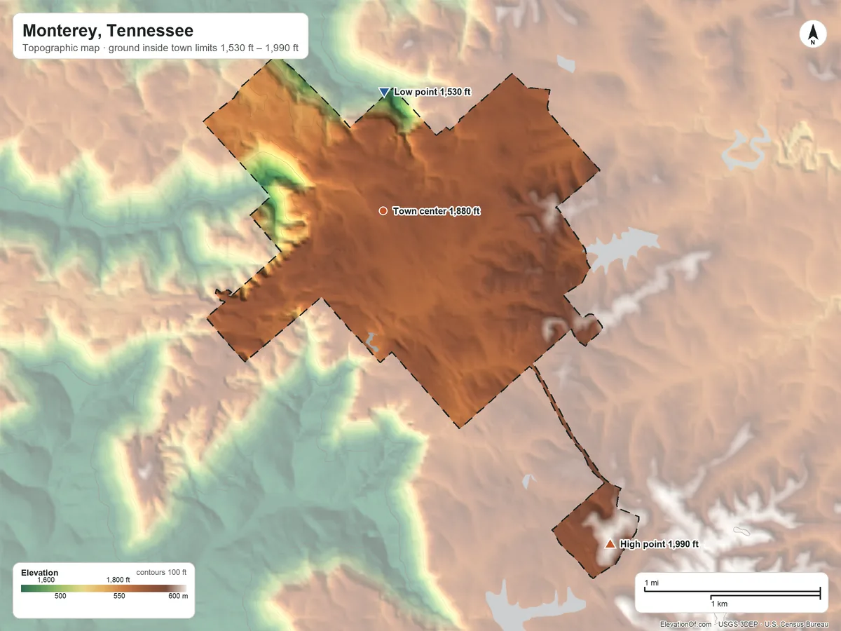 Topographic elevation map of Monterey, Tennessee, shaded from 1,530 ft on the north side to 1,990 ft on the southeast side