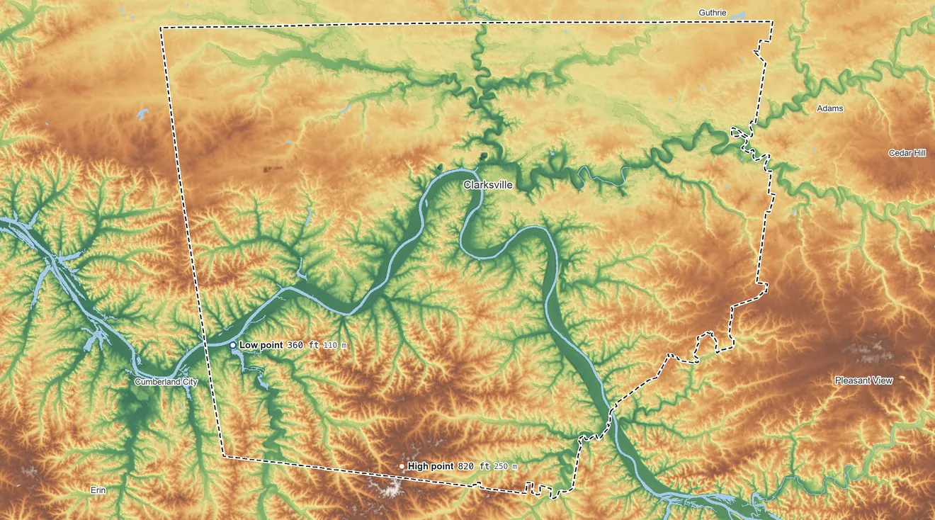 Topographic elevation map of Montgomery County, Tennessee, shaded from 360 ft on the west side to 820 ft on the south side
