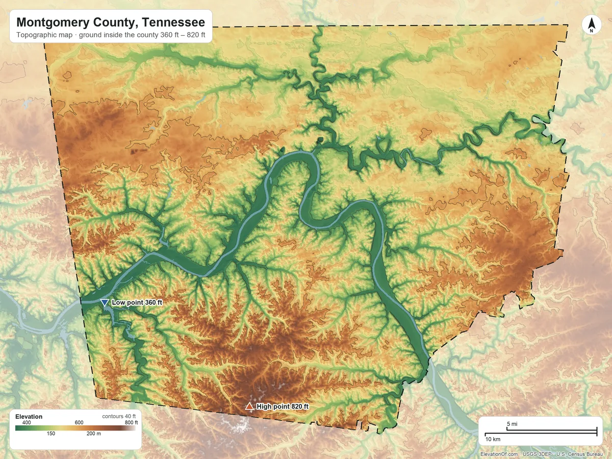 Topographic elevation map of Montgomery County, Tennessee, shaded from 360 ft on the west side to 820 ft on the south side