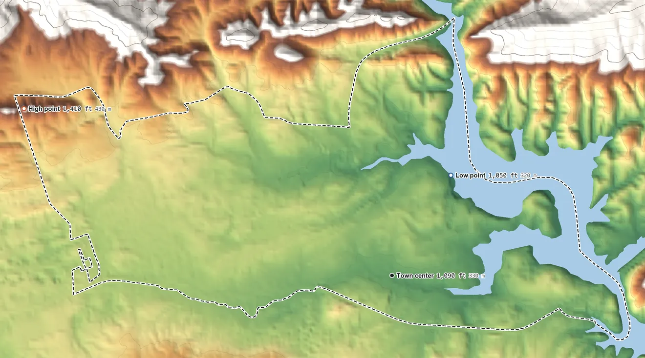 Topographic elevation map of Mooresburg, Tennessee, shaded from 1,050 ft on the northeast side to 1,410 ft at the foot of the Clinch Mountain