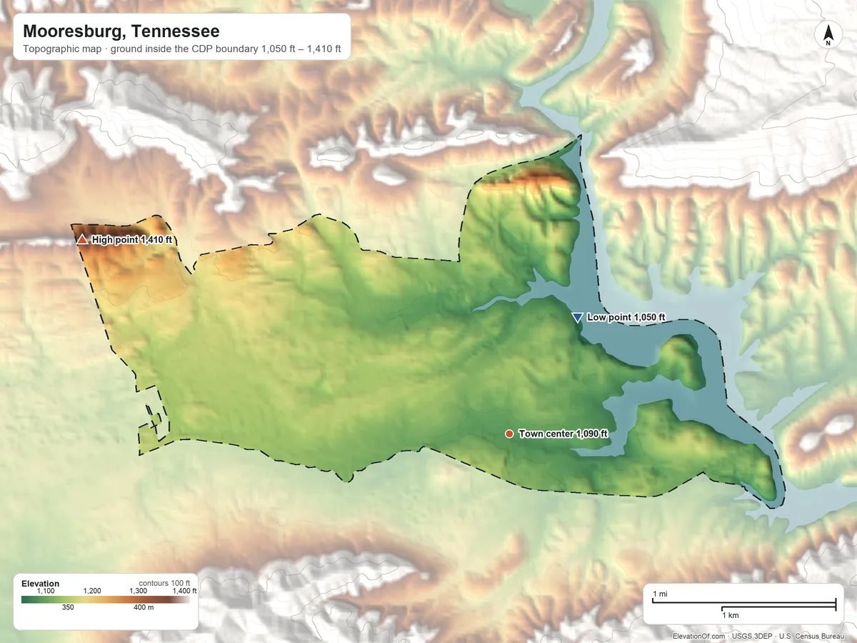 Topographic elevation map of Mooresburg, Tennessee, shaded from 1,050 ft on the northeast side to 1,410 ft at the foot of the Clinch Mountain