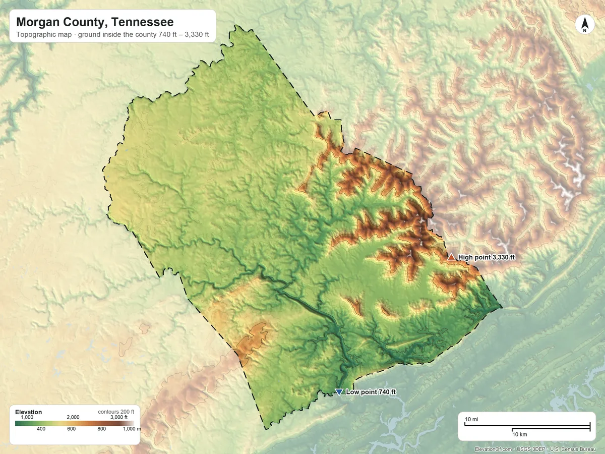 Topographic elevation map of Morgan County, Tennessee, shaded from 740 ft on the south side to 3,330 ft on Big Fodderstack
