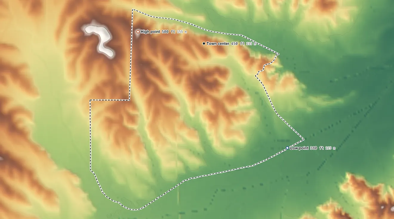 Topographic elevation map of Morris Chapel, Tennessee, shaded from 380 ft on the southeast side to 500 ft on the west side