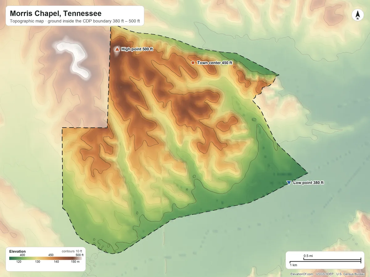 Topographic elevation map of Morris Chapel, Tennessee, shaded from 380 ft on the southeast side to 500 ft on the west side