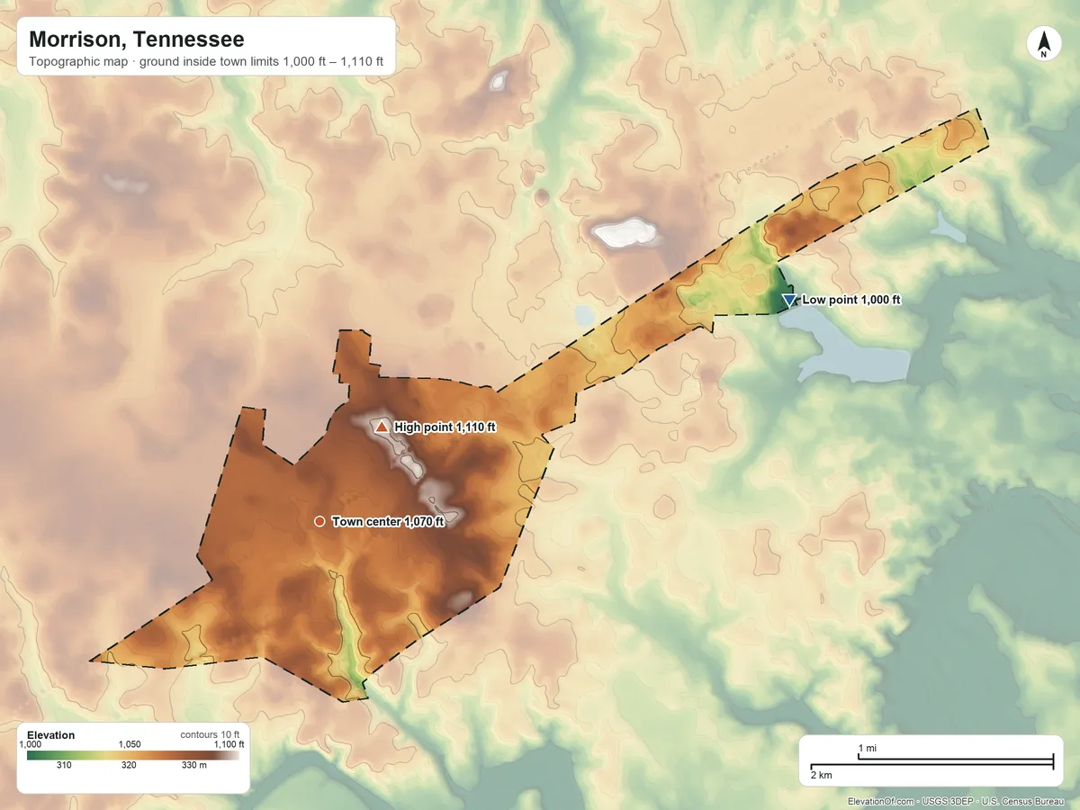 Topographic elevation map of Morrison, Tennessee, shaded from 1,000 ft on the northeast side to 1,110 ft on the northeast side