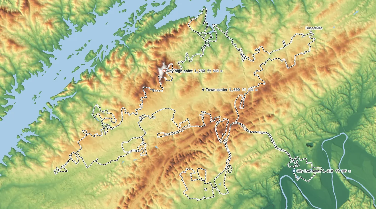 Topographic elevation map of Morristown, Tennessee, shaded from 1,010 ft on the southeast side to 1,780 ft on the northwest side