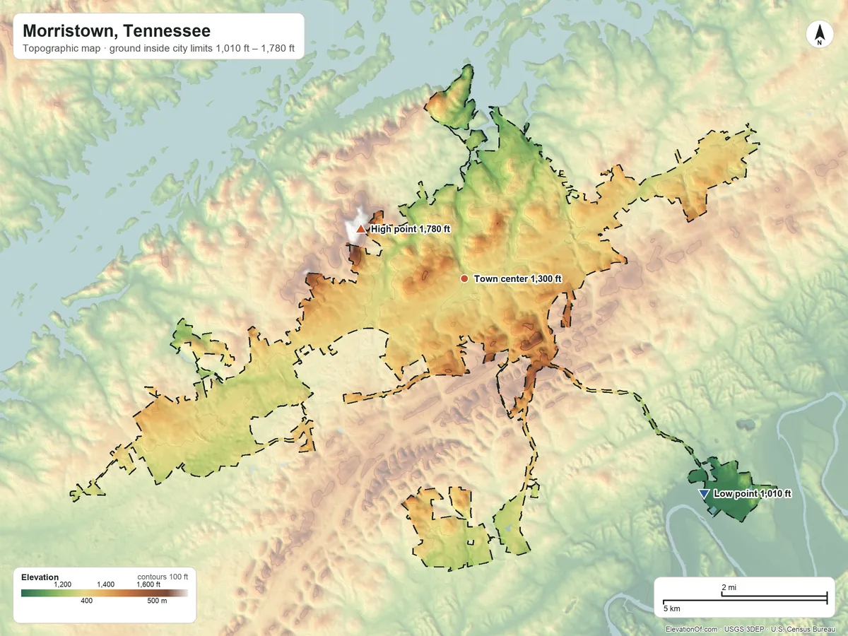 Topographic elevation map of Morristown, Tennessee, shaded from 1,010 ft on the southeast side to 1,780 ft on the northwest side