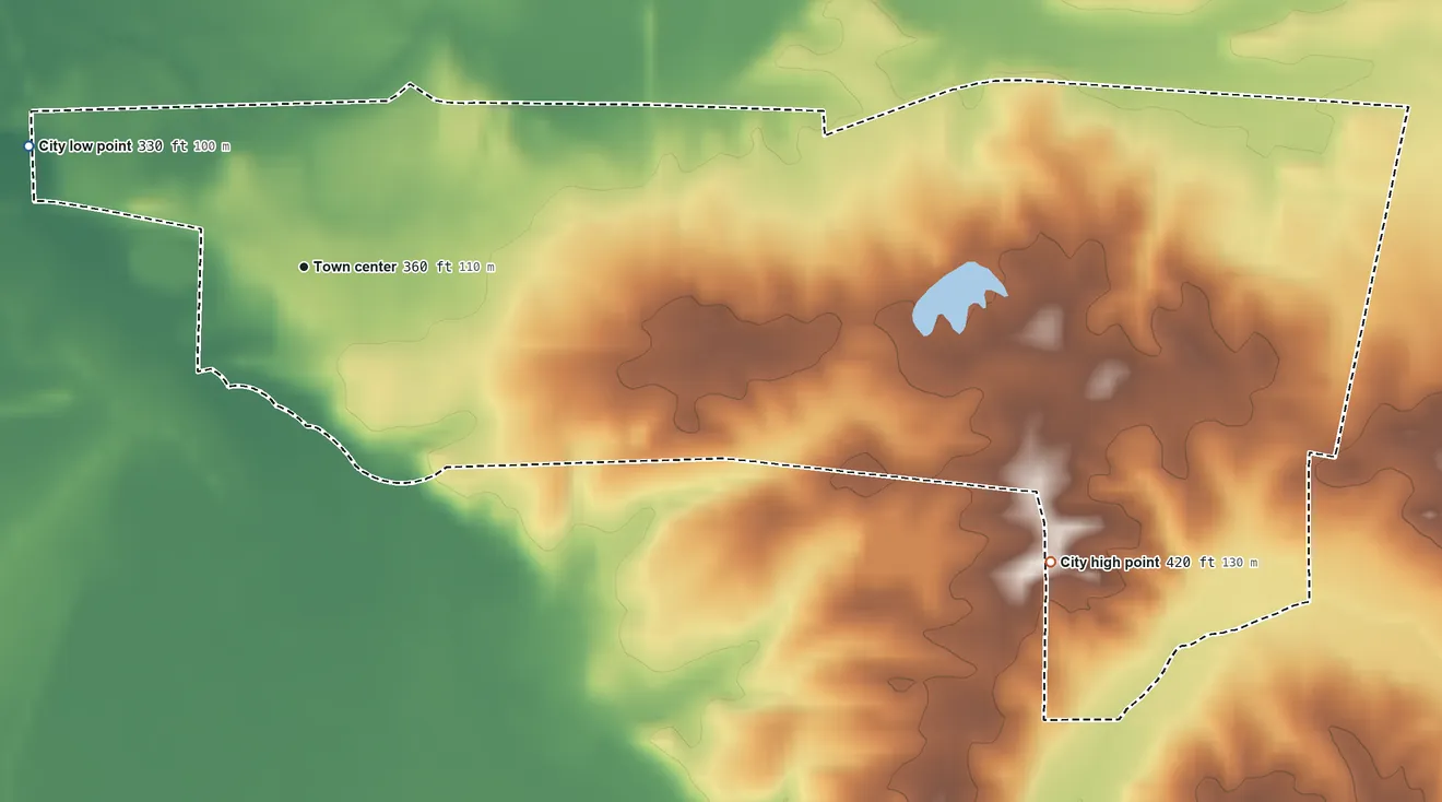Topographic elevation map of Moscow, Tennessee, shaded from 330 ft on the northwest side to 420 ft on the east side