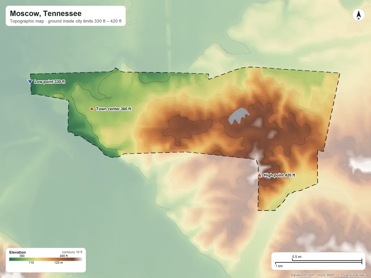Topographic elevation map of Moscow, Tennessee, shaded from 330 ft on the northwest side to 420 ft on the east side