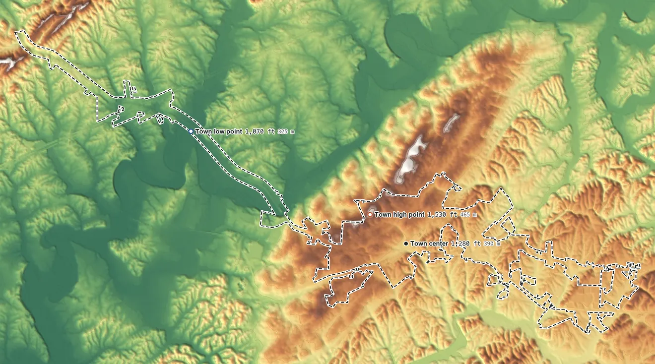 Topographic elevation map of Mosheim, Tennessee, shaded from 1,070 ft on the northwest side to 1,530 ft near the middle