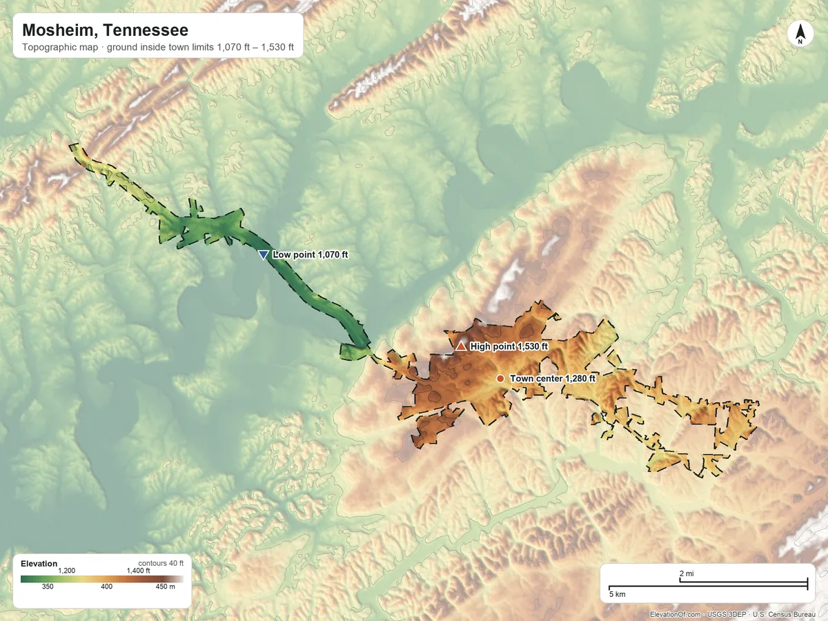Topographic elevation map of Mosheim, Tennessee, shaded from 1,070 ft on the northwest side to 1,530 ft near the middle