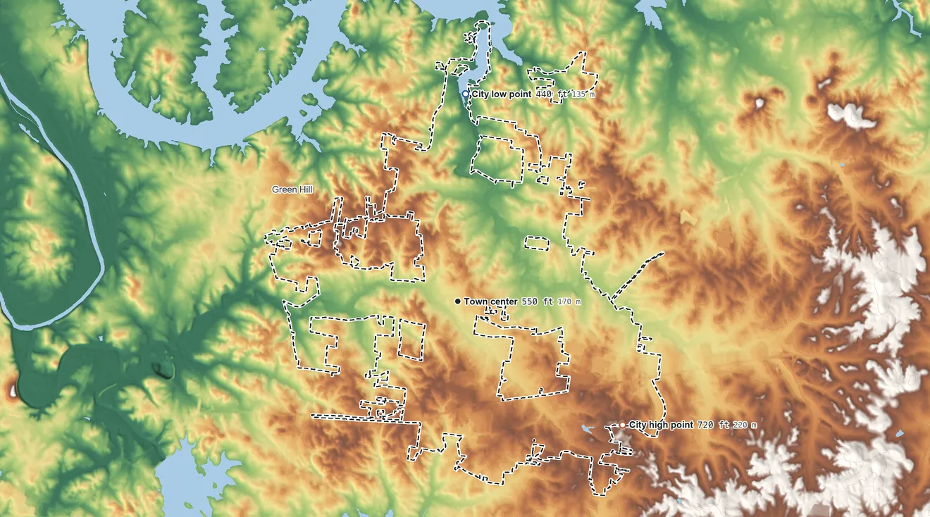 Topographic elevation map of Mount Juliet, Tennessee, shaded from 440 ft on the north side to 720 ft on the southeast side