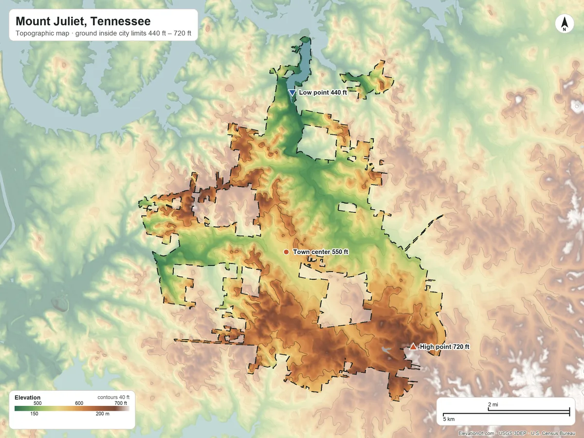 Topographic elevation map of Mount Juliet, Tennessee, shaded from 440 ft on the north side to 720 ft on the southeast side