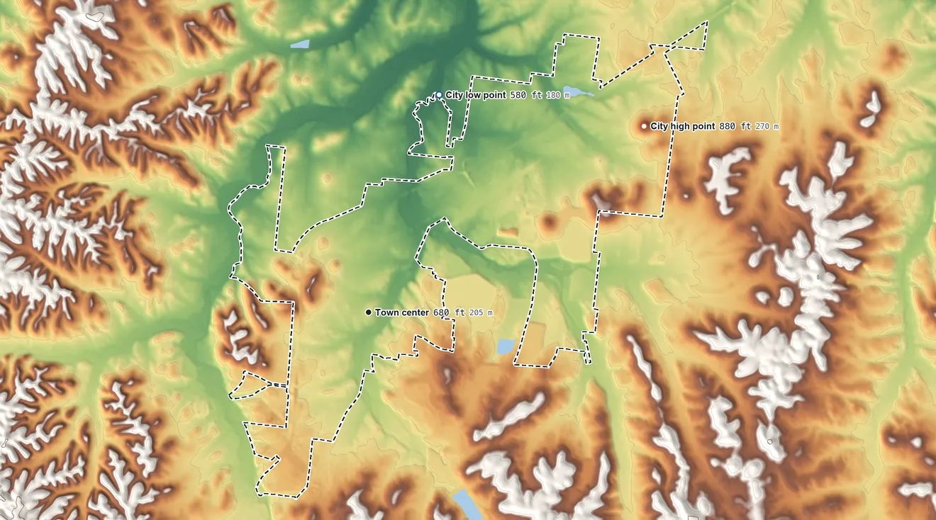 Topographic elevation map of Mount Pleasant, Tennessee, shaded from 580 ft on the north side to 880 ft on the northeast side