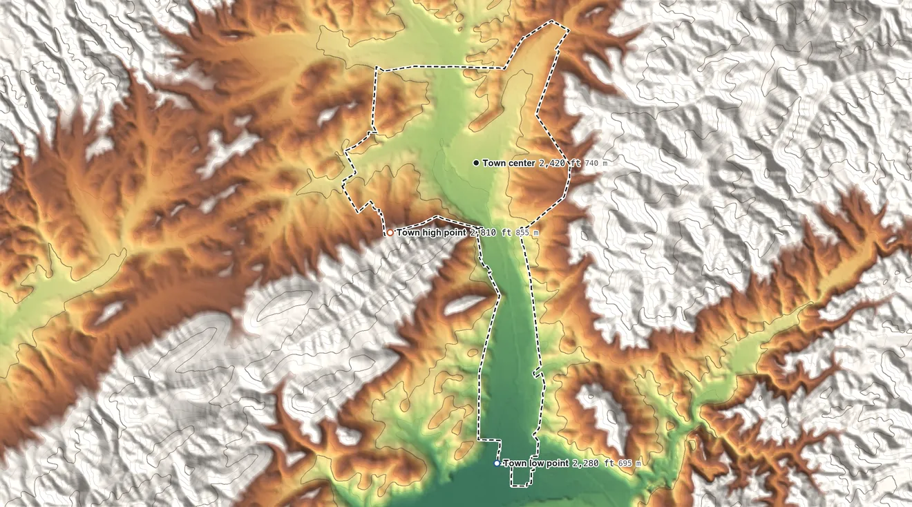 Topographic elevation map of Mountain City, Tennessee, shaded from 2,280 ft on the south side to 2,810 ft on the southwest edge, below higher ground just outside