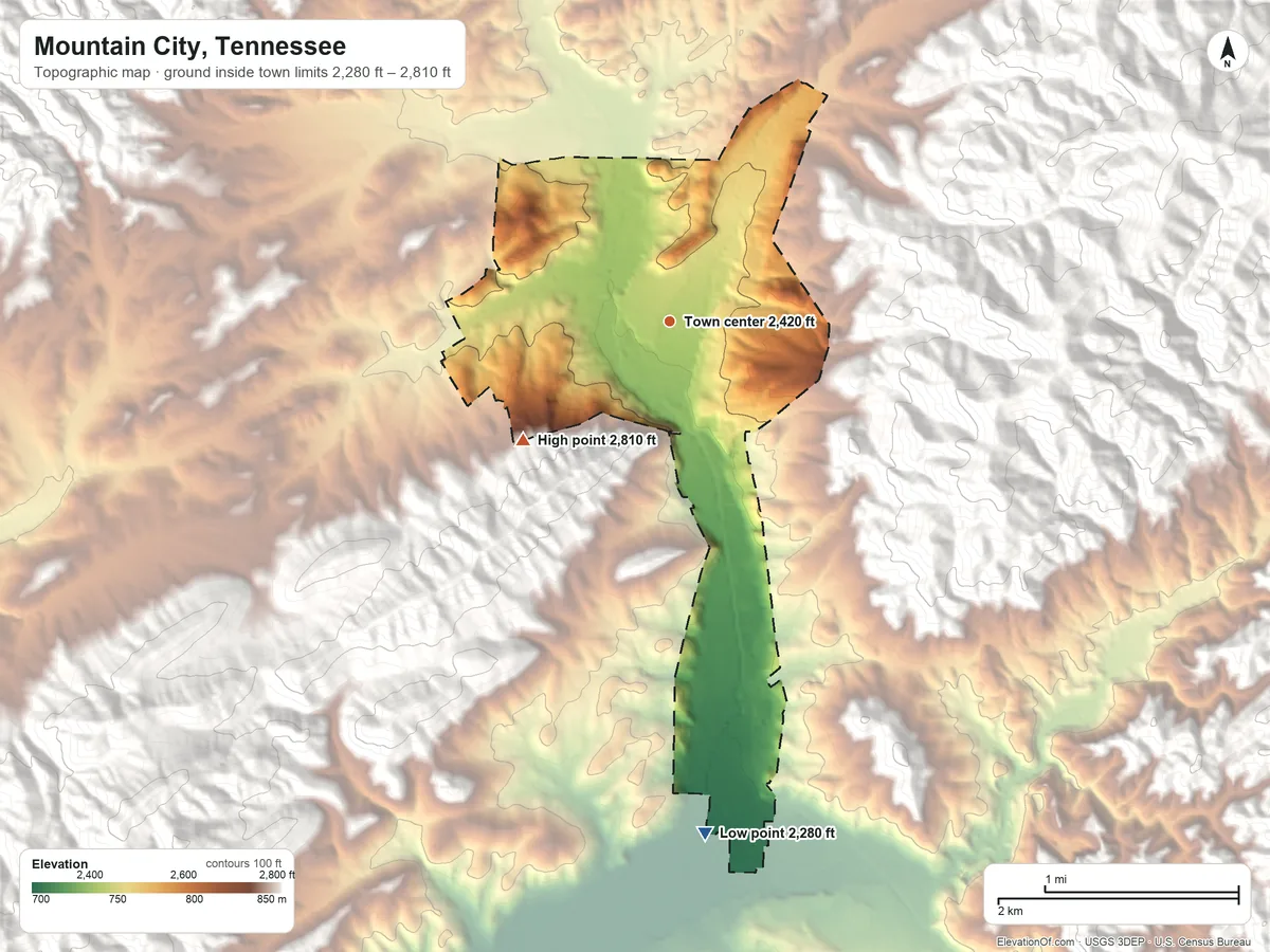 Topographic elevation map of Mountain City, Tennessee, shaded from 2,280 ft on the south side to 2,810 ft on the southwest edge, below higher ground just outside