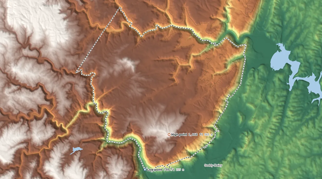 Topographic elevation map of Mowbray Mountain, Tennessee, shaded from 740 ft on the south side to 1,860 ft on the south side