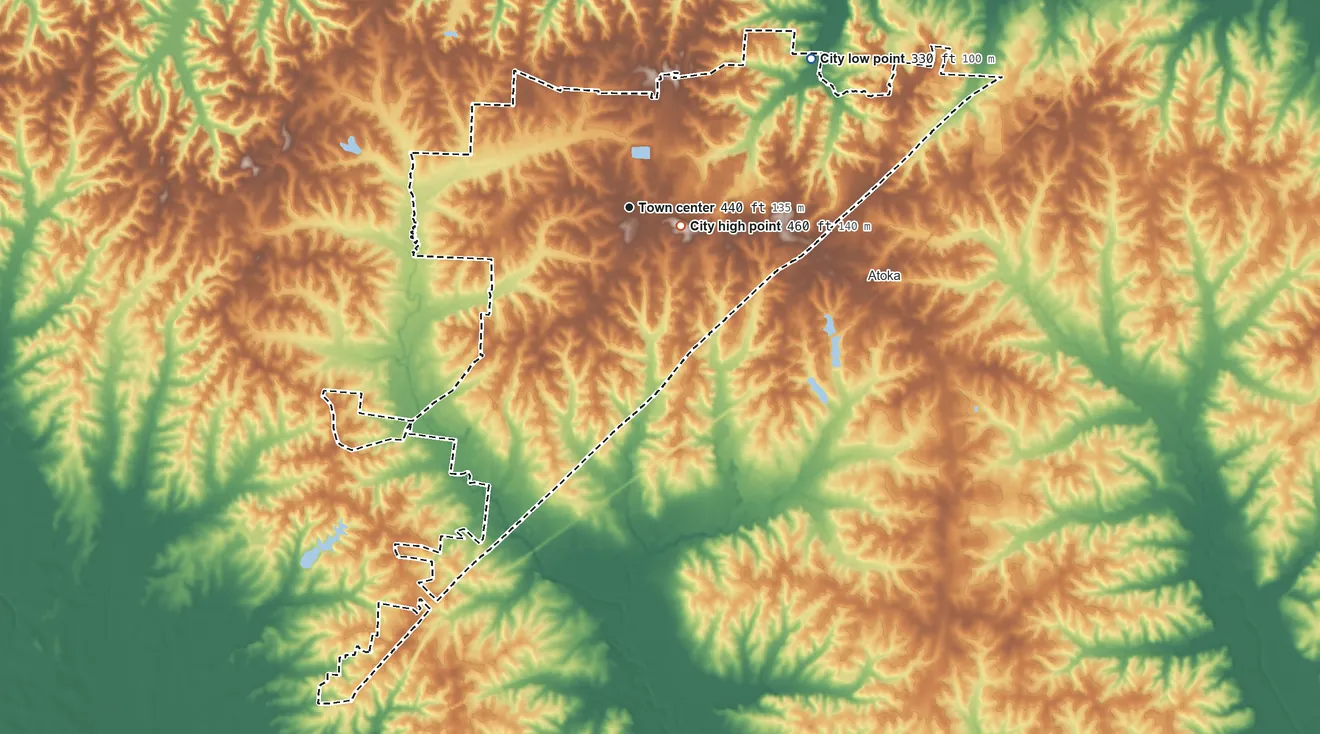 Topographic elevation map of Munford, Tennessee, shaded from 330 ft on the northeast side to 460 ft near the middle